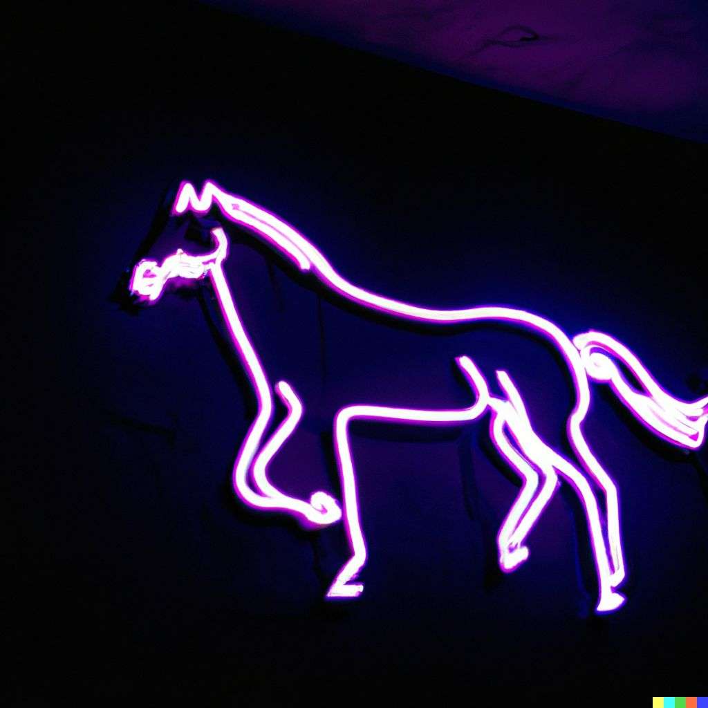 a horse, neon sign on a black wall